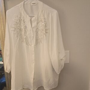 Koret White Button Down Shirt with Silver Embellishments
